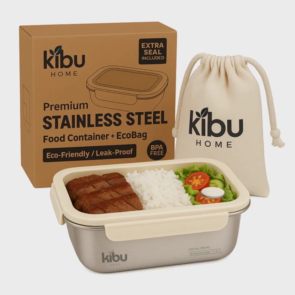 Kibu Home premium stainless steel food container with eco-friendly EcoBag, featuring a variety of meal options including rice, vegetables, and meat.