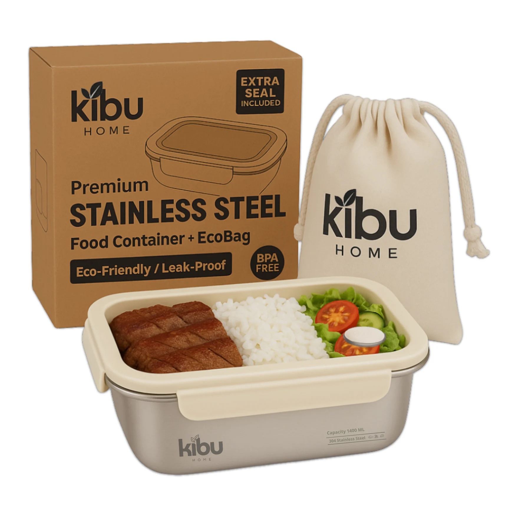 Premium Stainless Steel Food Container with EcoBag A stainless steel food container with compartments for rice, meat, and vegetables, packaged with an EcoBag and a box that highlights its eco-friendly and BPA-free features.