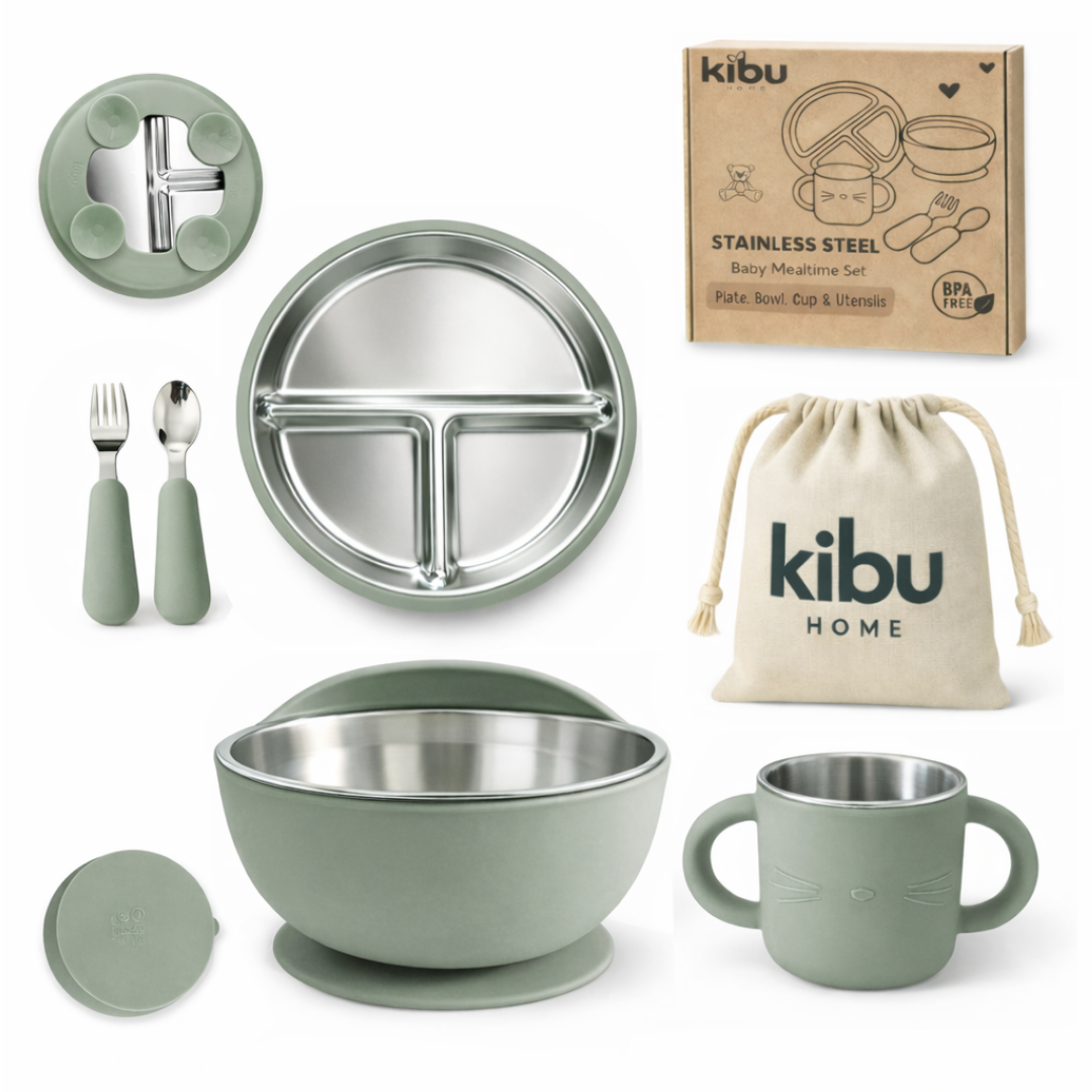 Stainless Steel Baby Feeding Set with Silicone Suction – Plate, Bowl, Cup, Spoon & Fork