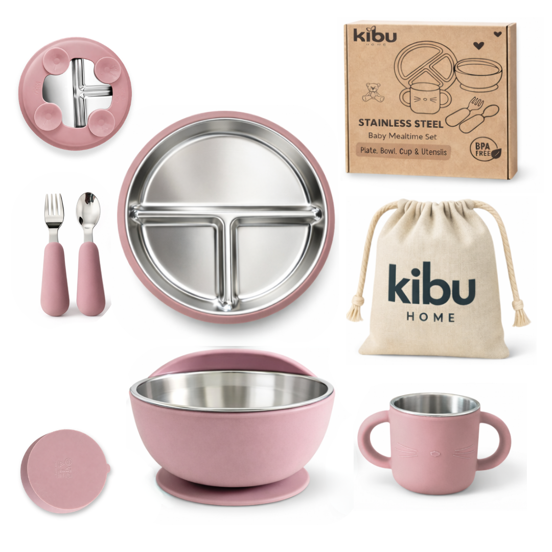 Stainless Steel Baby Feeding Set with Silicone Suction – Plate, Bowl, Cup, Spoon & Fork