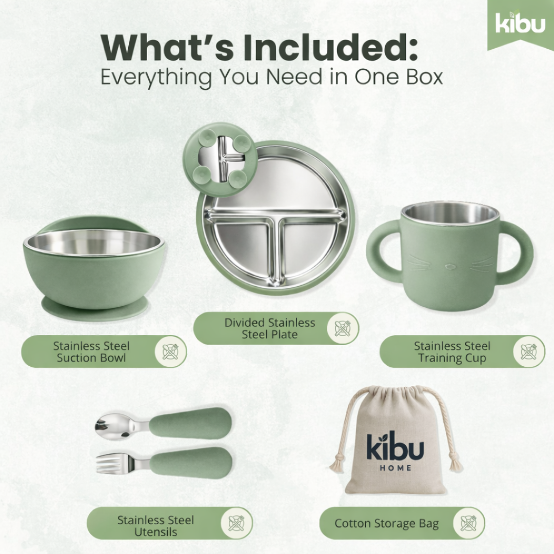 Stainless Steel Baby Feeding Set with Silicone Suction – Plate, Bowl, Cup, Spoon & Fork