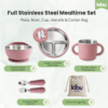 Stainless Steel Baby Feeding Set with Silicone Suction – Plate, Bowl, Cup, Spoon & Fork