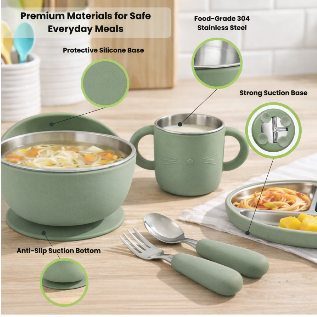 Stainless Steel Baby Feeding Set with Silicone Suction – Plate, Bowl, Cup, Spoon & Fork