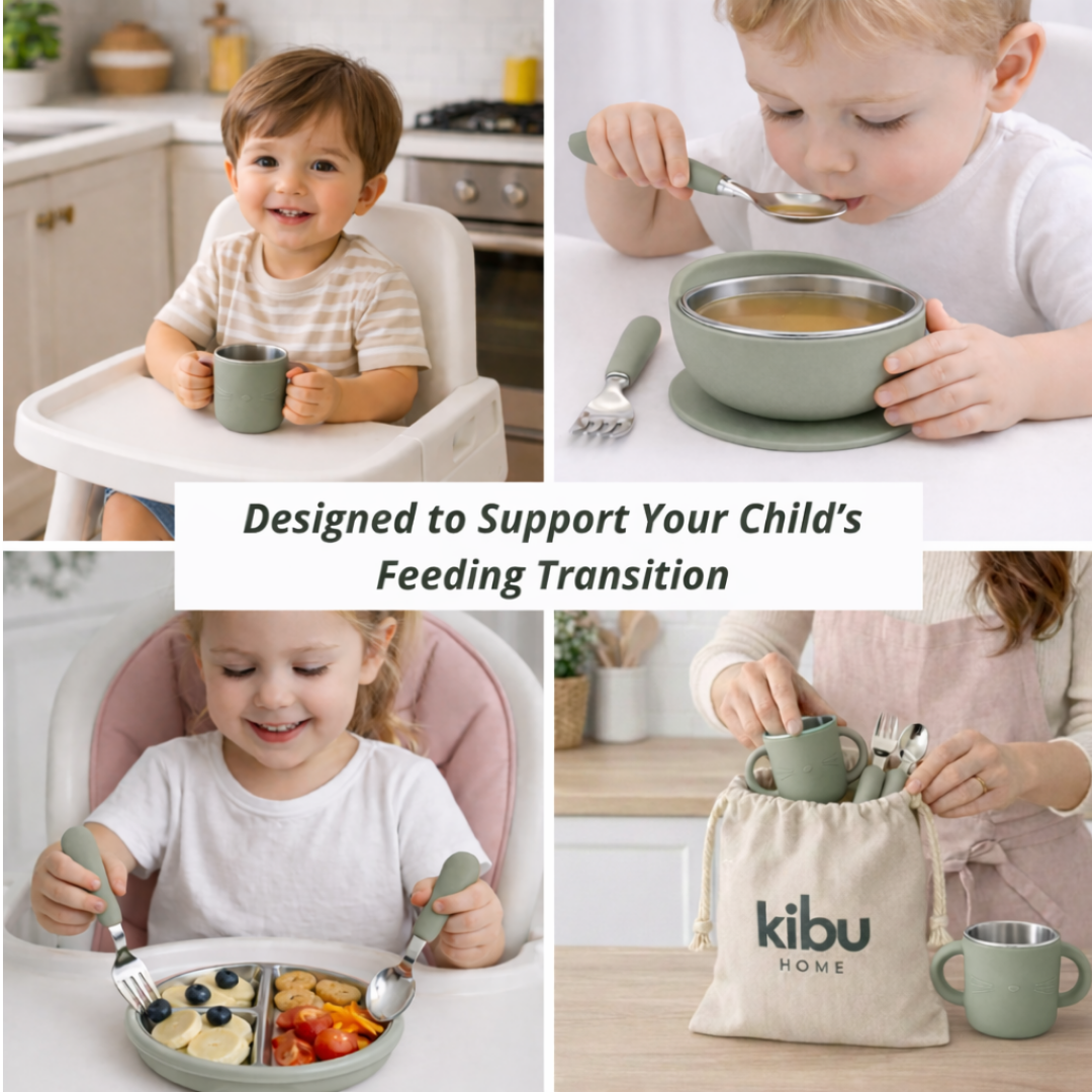 Stainless Steel Baby Feeding Set with Silicone Suction – Plate, Bowl, Cup, Spoon & Fork