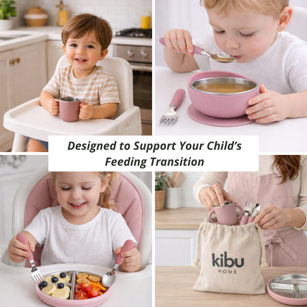 Stainless Steel Baby Feeding Set with Silicone Suction – Plate, Bowl, Cup, Spoon & Fork