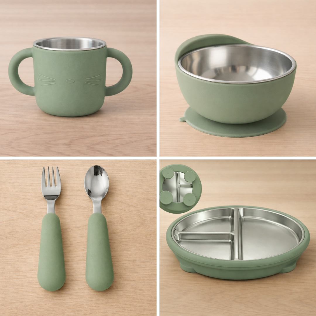 Stainless Steel Baby Feeding Set with Silicone Suction – Plate, Bowl, Cup, Spoon & Fork