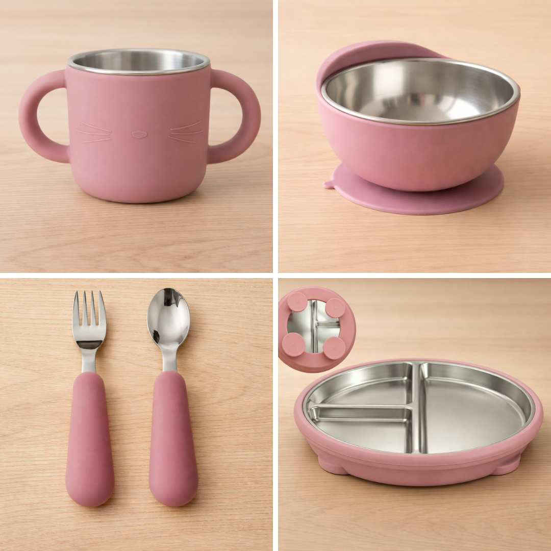 Stainless Steel Baby Feeding Set with Silicone Suction – Plate, Bowl, Cup, Spoon & Fork