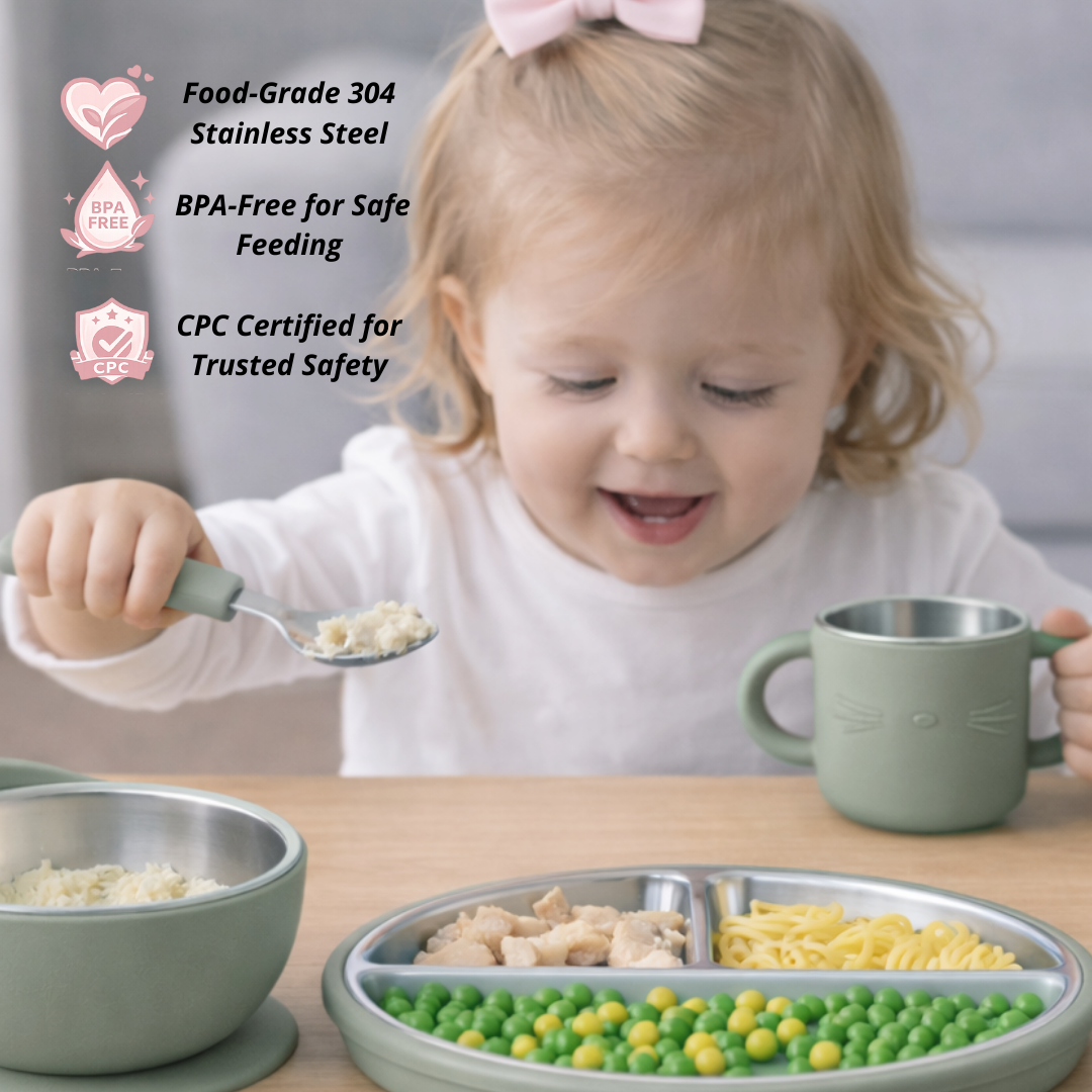 Stainless Steel Baby Feeding Set with Silicone Suction – Plate, Bowl, Cup, Spoon & Fork