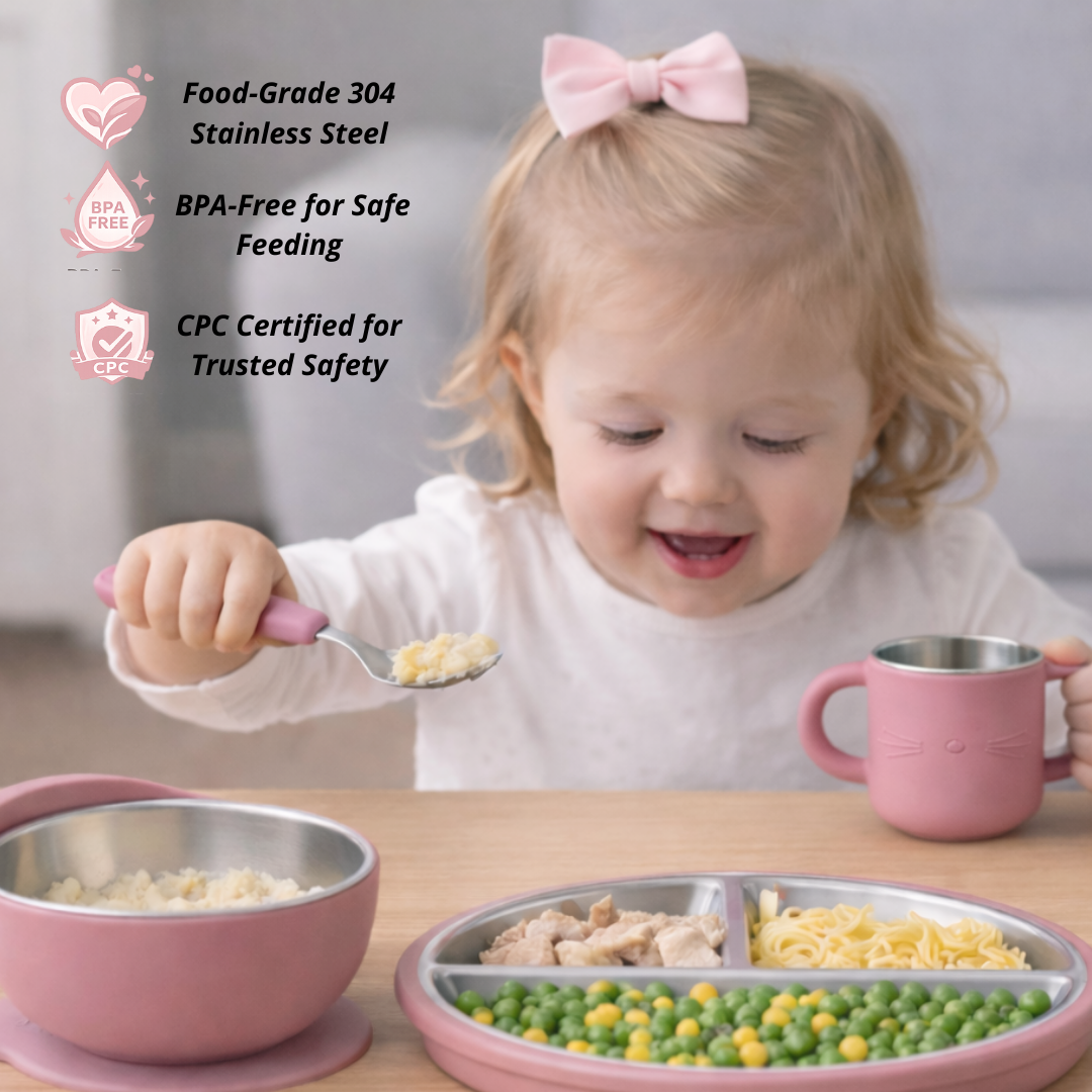 Stainless Steel Baby Feeding Set with Silicone Suction – Plate, Bowl, Cup, Spoon & Fork