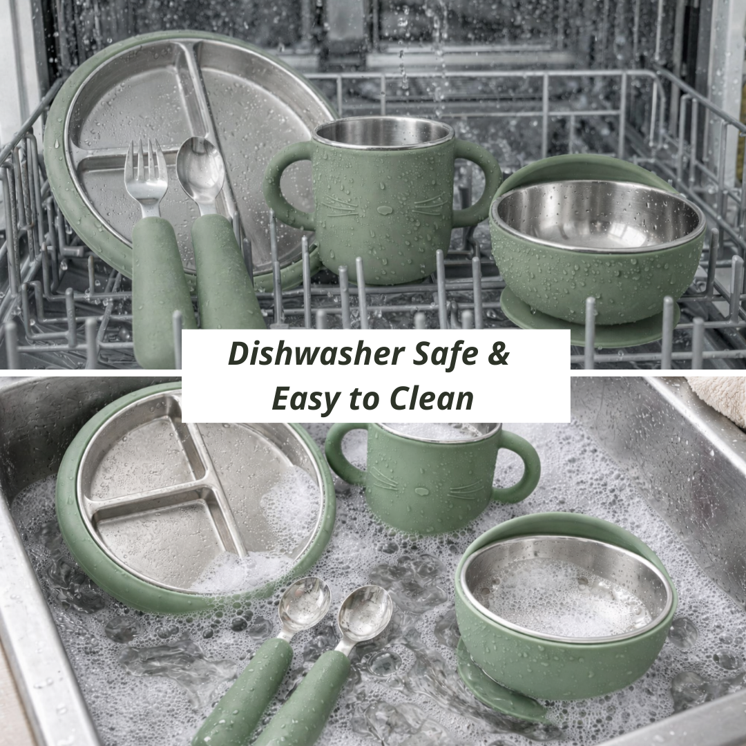 Stainless Steel Baby Feeding Set with Silicone Suction – Plate, Bowl, Cup, Spoon & Fork