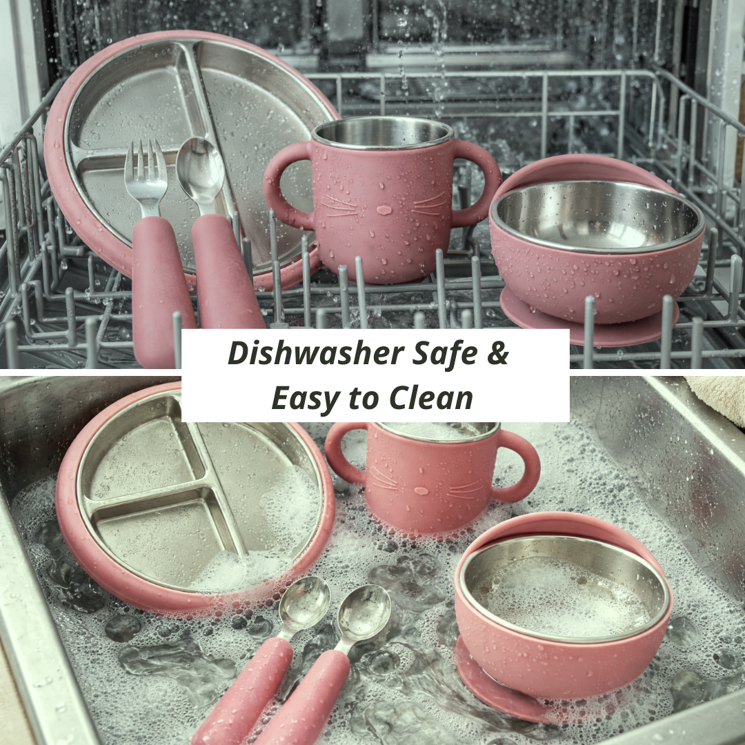 Stainless Steel Baby Feeding Set with Silicone Suction – Plate, Bowl, Cup, Spoon & Fork