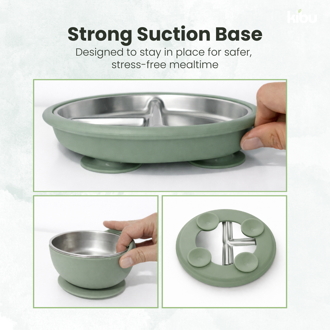 Stainless Steel Baby Feeding Set with Silicone Suction – Plate, Bowl, Cup, Spoon & Fork